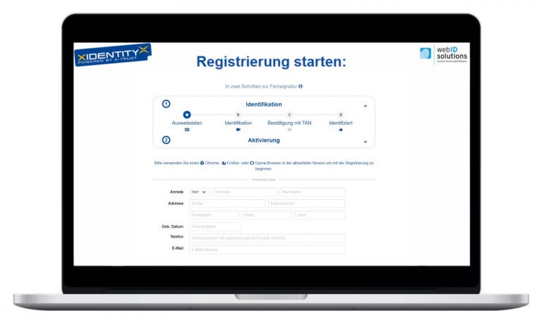 Screen der Registrierung auf xIDENTITY