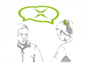 Zeichnung ein Gespräch von zwei Personen in der Sprechblase ist das MOXIS X