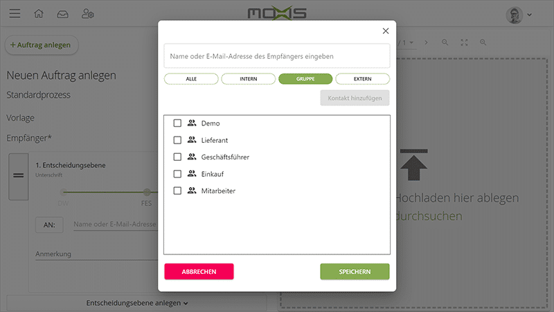 Beim Anlegen eines neuen Auftrags in MOXIS können Gruppen von bestimmten Personen zur Signatur ausgewählt werden.