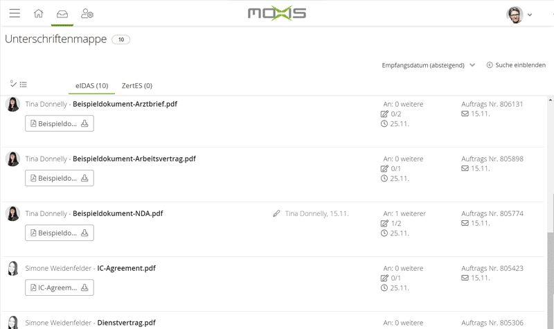 Die Stapelsignatur in MOXIS: Mehrere Dokumente zur Signatur in der Unterschriftenmappe