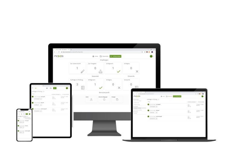 Screenshots der MOXIS-Benutzeroberfläche auf verschiedenen Endgeräten