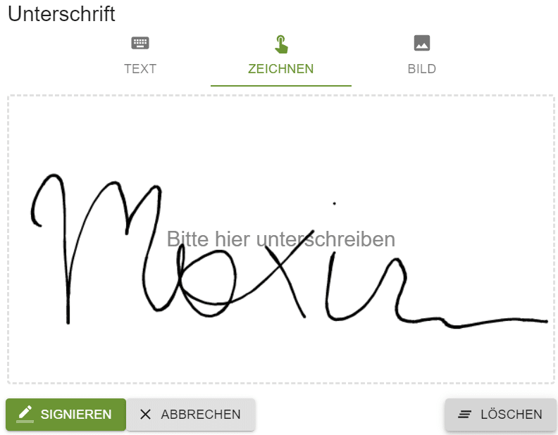 Möglichkeiten für die Erstellung der Unterschrift in MOXIS.